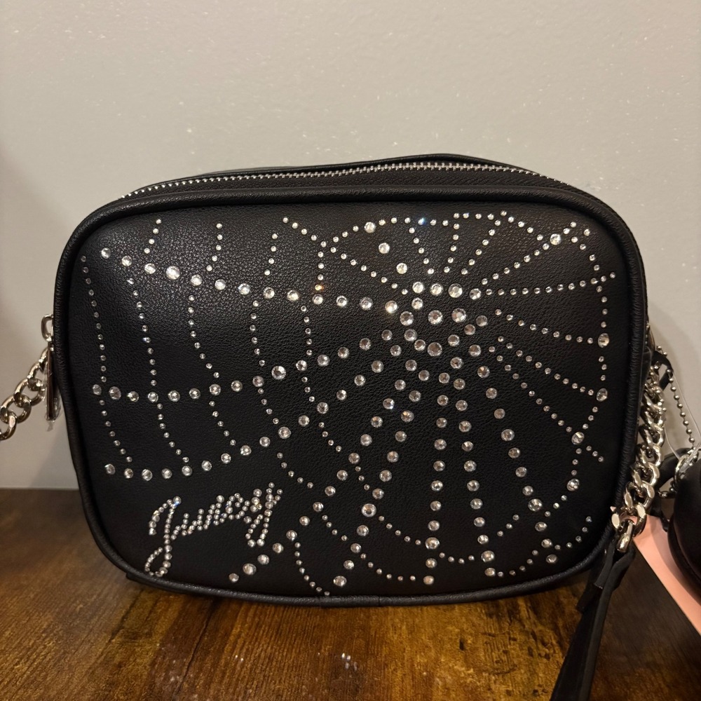 NWT Juicy Couture Rhinestone‎ Spiderweb Crossbody Bag Black w/ Coin Purse